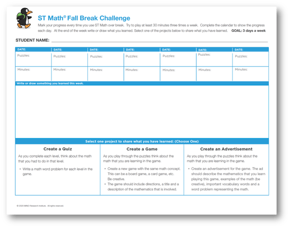 ST Math Fall 2020 Challenge Worksheet