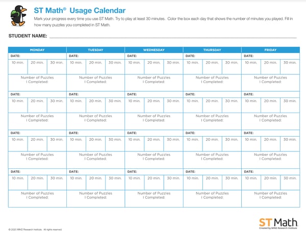 ST Math Usage Calendar